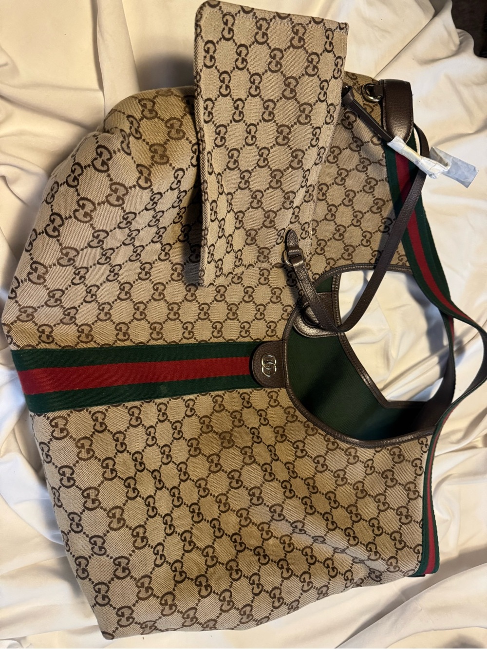 Gucci Beige/Tan GG Canvas Tote with Green and Red Web Giglio Large Tote - Picture 2 of 9
